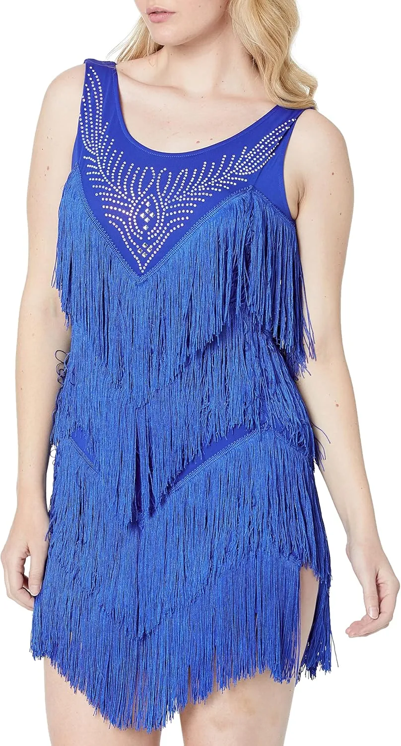 ZX Women's V Back Rhinestone Deco Fringe Dance Party Dress Latin Ballroom Dress