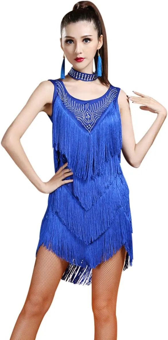ZX Women's V Back Rhinestone Deco Fringe Dance Party Dress Latin Ballroom Dress